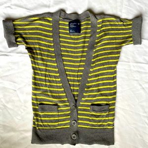 American Eagle Cotton Cardigan Sweater Grey w/ green/yellow stripes SZ Small